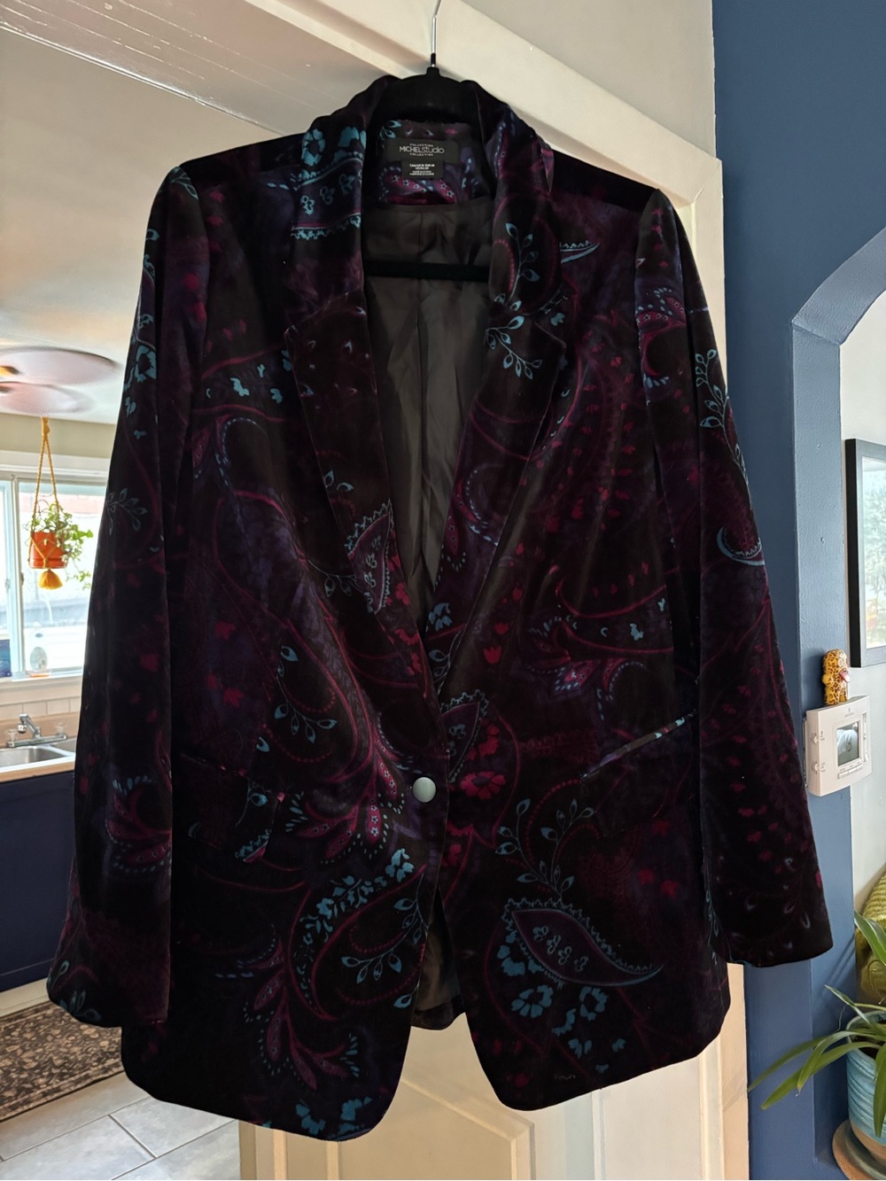 Michel Studio Velvet Paisley Blazer in Plum with Teal Accents